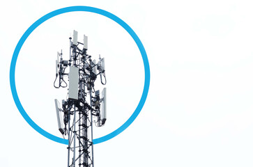 High telecommunication tower for distribute network wave for 5G,with blue wave signal sign