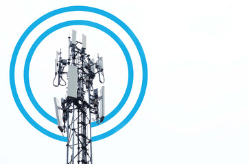 Illustrator Wave on Telecommunication tower on white background, Network technology conceptual...
