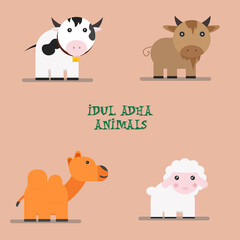 Obraz premium Happy Eid al-Adha collection of goat, cow, sheep cartoon concept animal sets suitable for greeting cards, posters, banners, etc.
