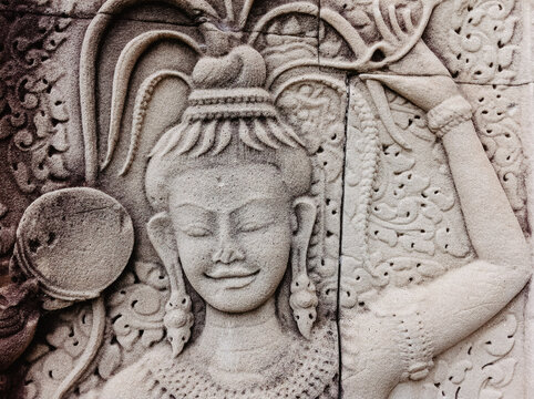 Apsara Angkor sculpture at Angkor Wat wall in Siemreap