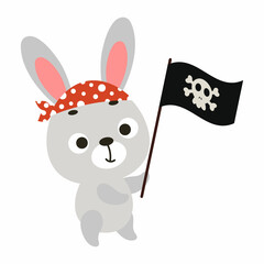 Cute little bunny with pirate flag. Cartoon animal character for kids t-shirts, nursery decoration, baby shower, greeting card, invitation, house interior. Vector stock illustration