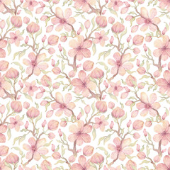 Floral spring elements isolated on white background. Watercolor hand drawn seamless pattern with delicate illustration of pink blossom cherry flowers, branch, twigs, leaves. Simple nursery wallpaper