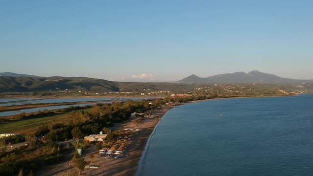 Panoramic aerial view over Divari beach near Navarino bay, Gialova. It is one of the best beaches in mediterranean Europe. Beautiful lagoon near Voidokilia from a high point of view, Messinia, Greece