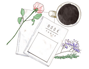 watercolor painting illustration photobook hot coffee and flowers