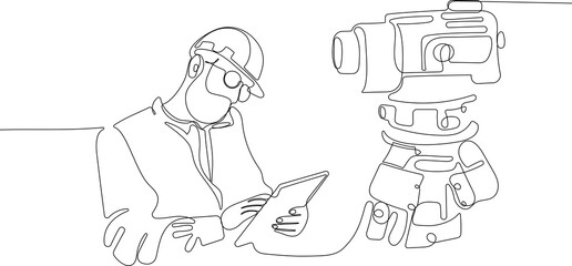 Close up of young Caucasian worker with helmet on head using tablet for work while standing in warehouse. Surveyor with a tripod icon. Geodesic tripod. Vector illustration