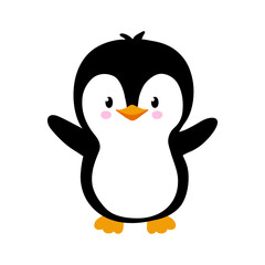 Vector illustration of cute little baby penguin isolated on white. Animal clipart in flat style. - obrazy, fototapety, plakaty