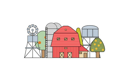 red barn, silo, water tower,  windmill vector flat illustation