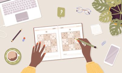 Obraz premium Sudoku game. Learning and leisure concept. African woman solves crossword puzzle. Top view workplace. Task for development of logical thinking and training brain. Vector illustration in cartoon style.