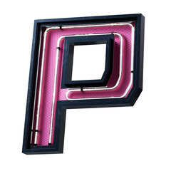 3D illustration of White Neon light alphabet character Capital letter P. Neon tube Capital letter White glow effect in Black metal box with pink bottom plate.3d rendering isolated on white background.