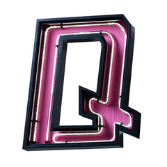 3D illustration of White Neon light alphabet character Capital letter Q. Neon tube Capital letter White glow effect in Black metal box with pink bottom plate.3d rendering isolated on white background.