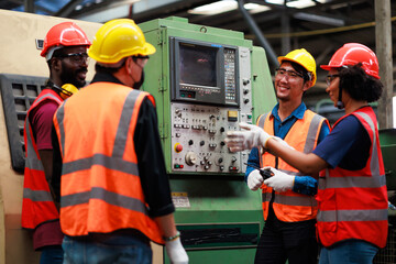 Training trainee concept. Caucasian male engineer explain the procedure for using the correct metal...