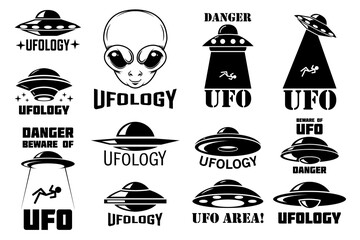 Set of emblems with ufo, alien. Ufology signs. Vector illustration