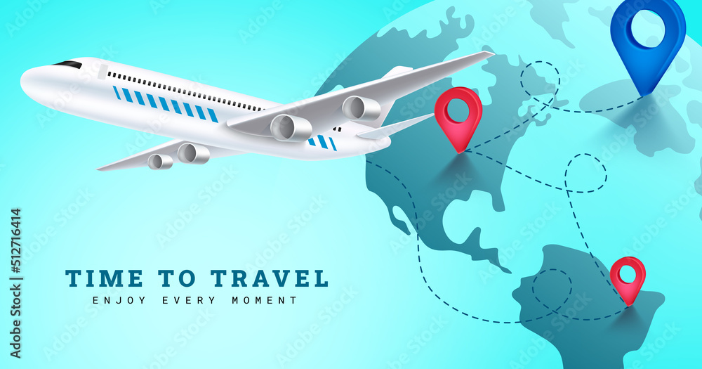 Poster travel time vector background design. time to travel text with airplane flight in different worldwid