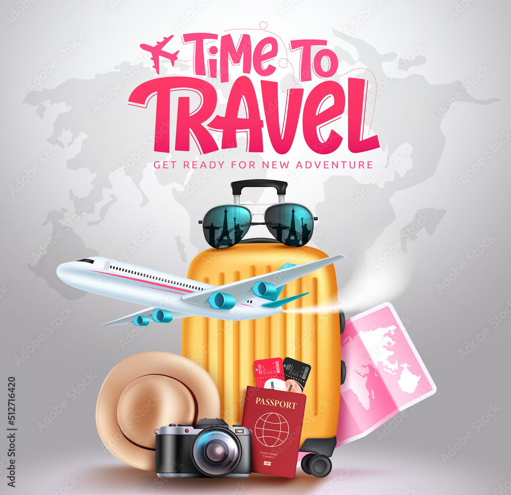 Canvas Prints travel time vector concept design. time to travel text in map background with luggage, airplane and 