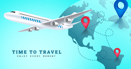 Travel time vector background design. Time to travel text with airplane flight in different worldwide location for enjoy around the world travelling. Vector illustration.
