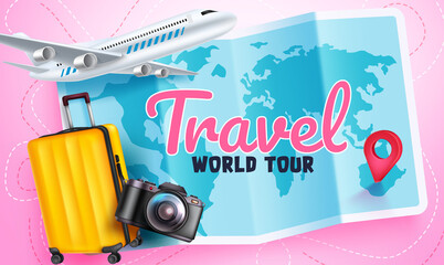 Travel worldwide vector concept design. Travel world tour text in map background with luggage and airplane elements for international travelling. Vector illustration.
