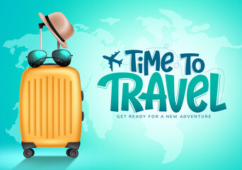 Travel time vector background design. Time to travel text with 3d luggage bag, sunglasses and hat tourist elements for fun and enjoy travelling. Vector illustration.
