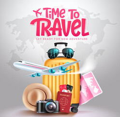 Travel time vector concept design. Time to travel text in map background with luggage, airplane and passport tour elements for fun and enjoy travelling adventure. Vector illustration.  © Zeinous