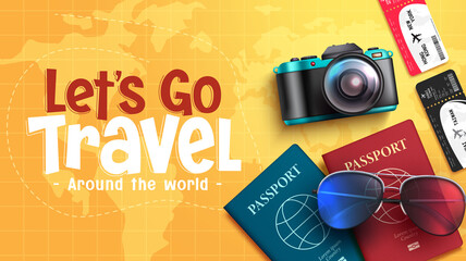 Travel worldwide vector background design. Let's go travel text with 3d camera, passport and ticket in yellow map for around the world travelling. Vector illustration.  © Zeinous