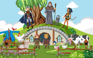 Enchanted scene with medieval cartoon characters