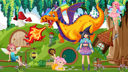 Obraz premium Fantasy folk cartoon characters in the forest