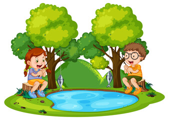 Fototapeta na wymiar Happy children fishing in pond