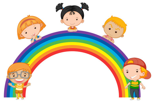 Children standing on rainbow together