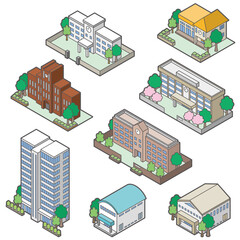 様々な建物の立体図形のイラスト. 