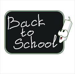 Back to school vector banner design with colorful funny school characters, educational, chalk and blackboard.  First day in school. School stationery, accessories.  Flat cartoon vector