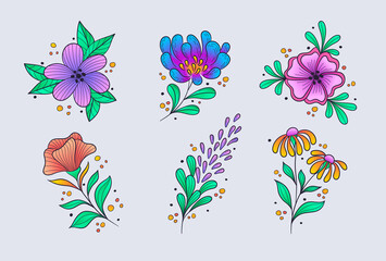 Gradient Hand drawn set of flowers. Floral bouquet collection.