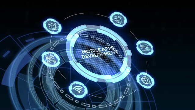 Inscription MOBILE APPS DEVELOPMENT on the virtual display. Cloud technology concept.