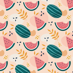 Vector watermelon fruit seamless pattern. Fresh illustration in trendy colors. Great for fabric and wallpaper.