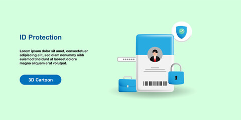 3D cartoon style vector design illustration. ID card, personal data identity protection icon symbol with shield, password symbol