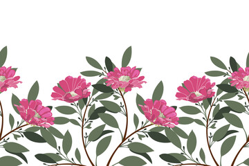 Vector floral seamless pattern, border. Horizontal panoramic design with pink flowers and green leaves on a white background.