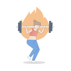 Body weight program exercises,Calories burned to weight loss,female in fitness clothes lifting barbells build muscle and fire burns hot in the back,exercises routine,Vector illustration.