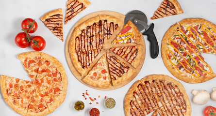 different types of pizza on a white background, a composition of different types of pizzas, a pizza banner