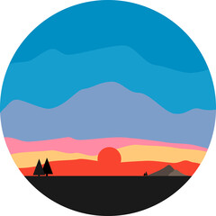 Cartoon landscape. Sunrise, sunset, dawn evening with star scape. Natural wildlife view. Circular countryside sceneries icon in flat style. Vector, illustration, EPS10