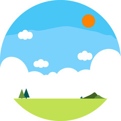 Cartoon landscape. Day time morning scape. Natural wildlife view. Circular countryside sceneries icon in flat style. Vector, illustration, EPS10