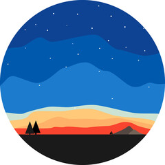 Fototapeta premium Cartoon landscape. Sunrise, sunset, dawn evening with star scape. Natural wildlife view. Circular countryside sceneries icon in flat style. Vector, illustration, EPS10