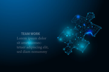 Teamwork concept with four glowing low poly jigsaw puzzle design vector illustration.