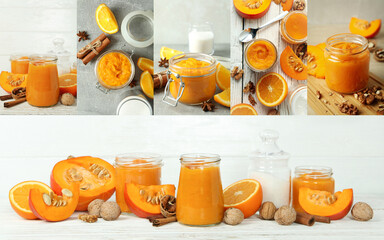 Photo collage of compositions with pumpkin jam