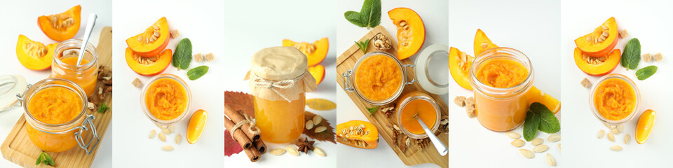 Photo collage of compositions with pumpkin jam