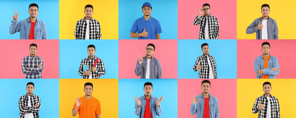 Photo collage of young man on different color backgrounds