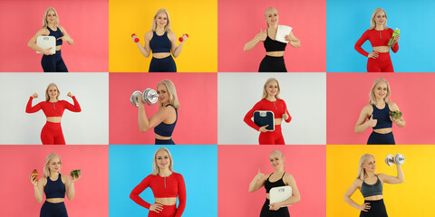 Photo collage of young and attractive sporty woman