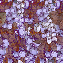 Flowers, buds and leaves of fanastic spring tree vintage seamless pattern. Digital art with mixed media texture - watercolour, acrylic. Endless motif for packaging, scrapbooking, textiles, decoupage 