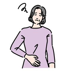 お腹の調子が悪く不調そうなシニア女性