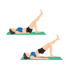 Woman doing Single leg glute bridge exercise. Flat vector illustration isolated on white background