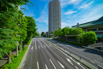 A empty urban street in Tokyo wide shot