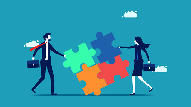 Successful teamwork. Businessman holding a jigsaw puzzle. vector illustration eps