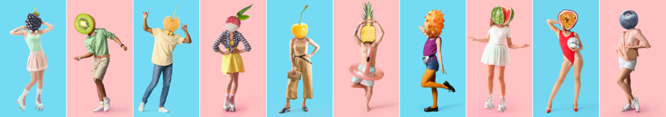 Set of people with fruits and berries instead of their heads on colorful background